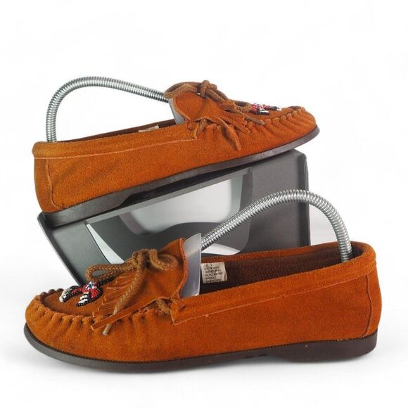 Morgan Woods Vintage Suede Kilty Beaded Slip-on Moccasins 209135 Brown Women's 9 - Picture 1 of 11